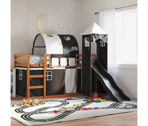 Dviaukštė Lova Su Užuolaidomis, Balta/Juoda, 90X200cm Pušis