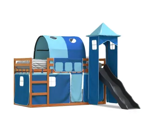 Augstā Gulta Ar Aizkariem Un Slidkalniņu, Zils, 90X200 Cm Vidaxl