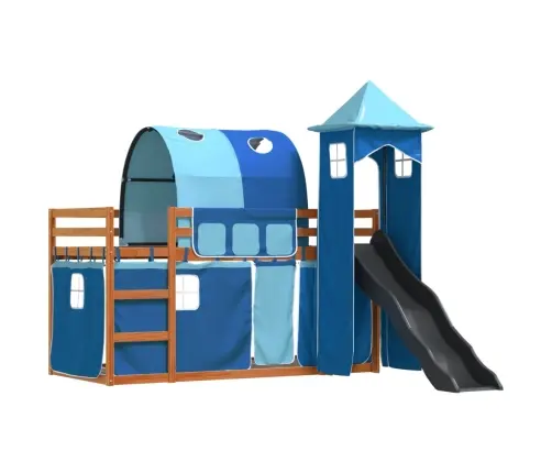 Augstā Gulta Ar Aizkariem Un Slidkalniņu, Zils, 90X200 Cm Vidaxl