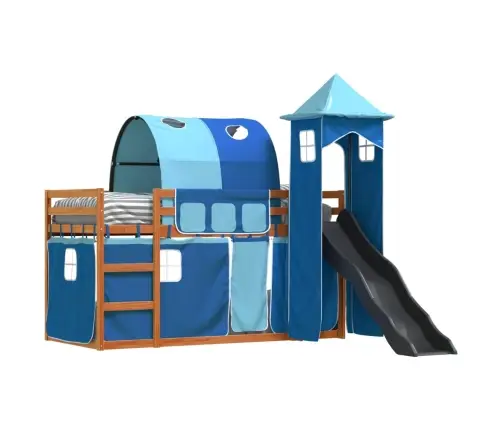 Augstā Gulta Ar Aizkariem Un Slidkalniņu, Zils, 90X200 Cm Vidaxl