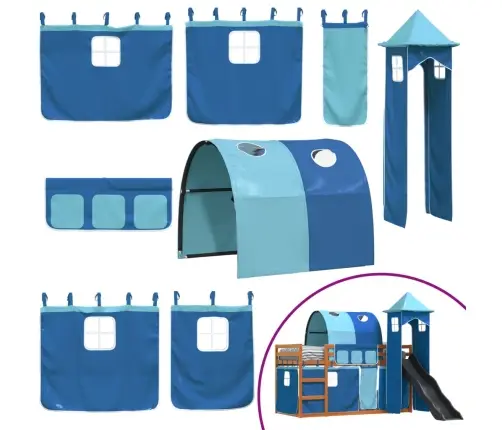 Augstā Gulta Ar Aizkariem Un Slidkalniņu, Zils, 90X200 Cm Vidaxl