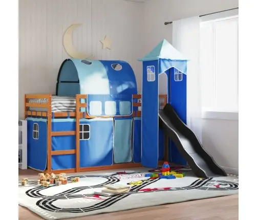 Augstā Gulta Ar Aizkariem Un Slidkalniņu, Zils, 90X200 Cm Vidaxl