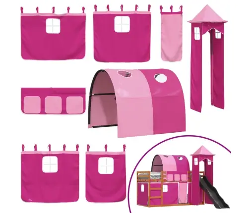 Augstā Gulta Ar Aizkariem Un Slidkalniņu, Rozā, 90X200 Cm Vidaxl