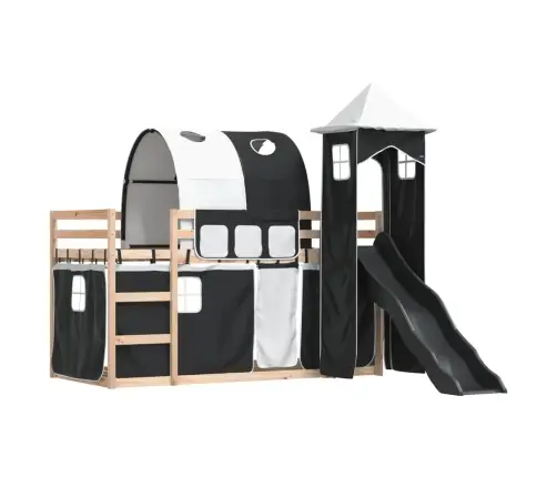 Augstā Gulta Ar Aizkariem Un Slidkalniņu, 80X200 Cm, Priede Vidaxl