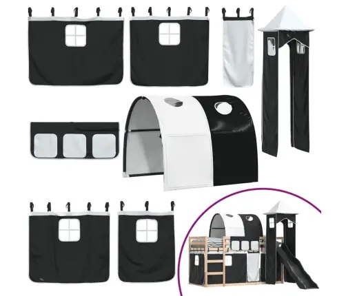 Augstā Gulta Ar Aizkariem Un Slidkalniņu, 80X200 Cm, Priede Vidaxl