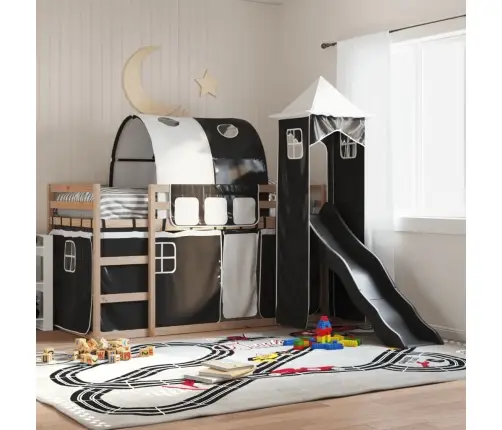 Augstā Gulta Ar Aizkariem Un Slidkalniņu, 80X200 Cm, Priede Vidaxl