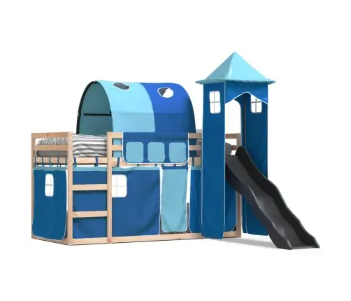 Augstā Gulta Ar Aizkariem Un Slidkalniņu Zils 80X200 Cm Priede Vidaxl