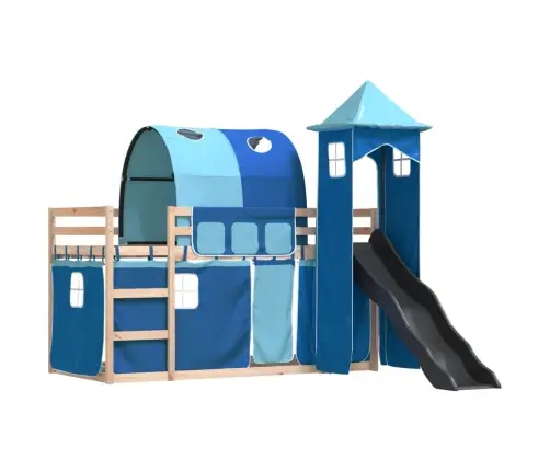 Augstā Gulta Ar Aizkariem Un Slidkalniņu Zils 80X200 Cm Priede Vidaxl