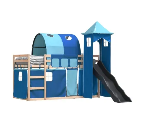 Augstā Gulta Ar Aizkariem Un Slidkalniņu Zils 80X200 Cm Priede Vidaxl