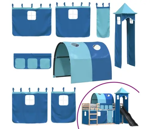 Augstā Gulta Ar Aizkariem Un Slidkalniņu Zils 80X200 Cm Priede Vidaxl