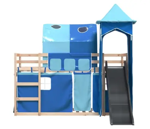 Augstā Gulta Ar Aizkariem Un Slidkalniņu Zils 80X200 Cm Priede Vidaxl