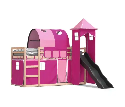 Augstā Gulta Ar Aizkariem Un Slidkalniņu Rozā 80X200 Cm Priede Vidaxl