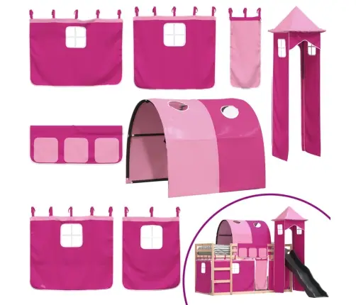 Augstā Gulta Ar Aizkariem Un Slidkalniņu Rozā 80X200 Cm Priede Vidaxl