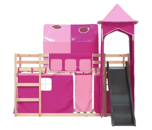 Augstā Gulta Ar Aizkariem Un Slidkalniņu Rozā 80X200 Cm Priede Vidaxl