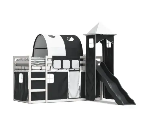 Augstā Gulta Ar Aizkariem Un Slidkalniņu, 80X200 Cm, Priede Vidaxl