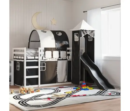 Augstā Gulta Ar Aizkariem Un Slidkalniņu, 80X200 Cm, Priede Vidaxl