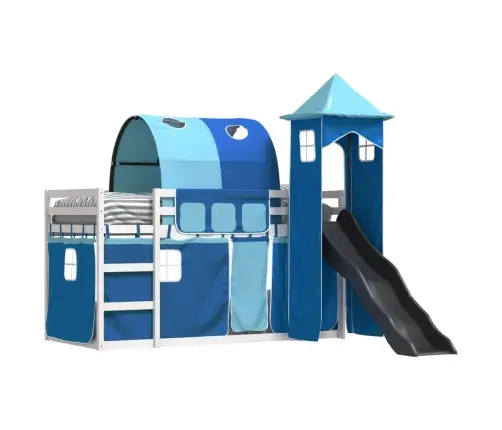 Dviaukštė Lova Su Užuolaidomis Ir Čiuožykla, Mėlyna, 80X200Cm