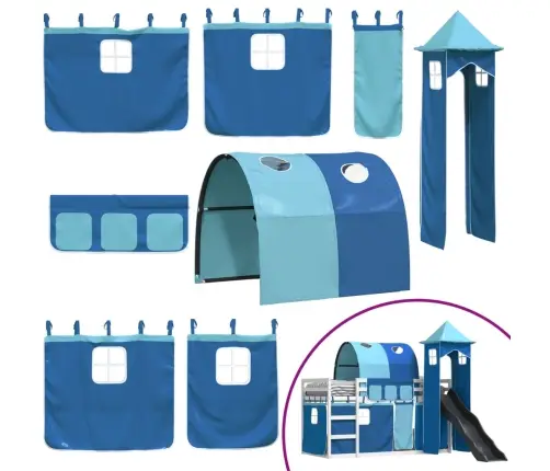 Dviaukštė Lova Su Užuolaidomis Ir Čiuožykla, Mėlyna, 80X200Cm