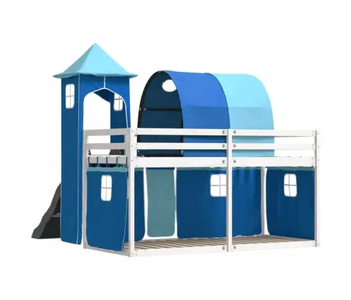 Dviaukštė Lova Su Užuolaidomis Ir Čiuožykla, Mėlyna, 80X200Cm