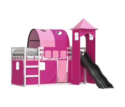 Augstā Gulta Ar Aizkariem Un Slidkalniņu Rozā 80X200 Cm Priede Vidaxl