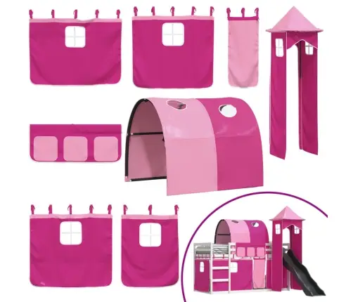 Augstā Gulta Ar Aizkariem Un Slidkalniņu Rozā 80X200 Cm Priede Vidaxl