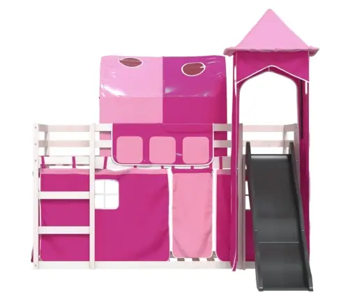 Augstā Gulta Ar Aizkariem Un Slidkalniņu Rozā 80X200 Cm Priede Vidaxl