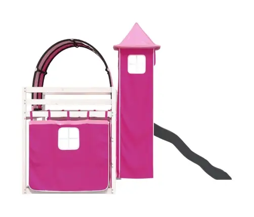 Augstā Gulta Ar Aizkariem Un Slidkalniņu Rozā 80X200 Cm Priede Vidaxl