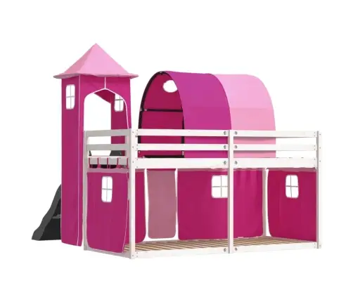 Augstā Gulta Ar Aizkariem Un Slidkalniņu Rozā 80X200 Cm Priede Vidaxl