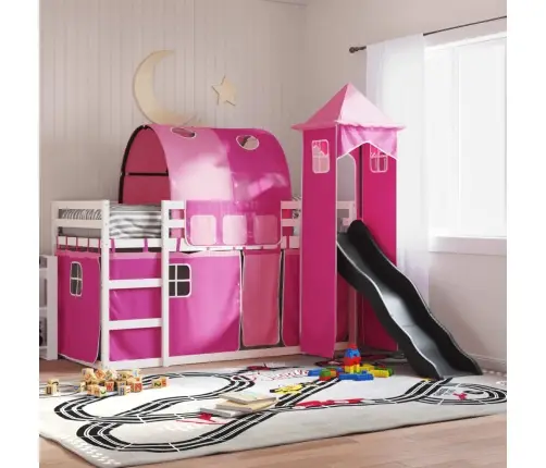 Augstā Gulta Ar Aizkariem Un Slidkalniņu Rozā 80X200 Cm Priede Vidaxl