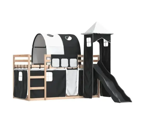 Augstā Gulta Ar Aizkariem Un Slidkalniņu, Melns&Balts, 90X190Cm Vidaxl