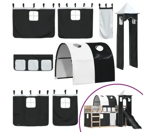 Augstā Gulta Ar Aizkariem Un Slidkalniņu, Melns&Balts, 90X190Cm Vidaxl