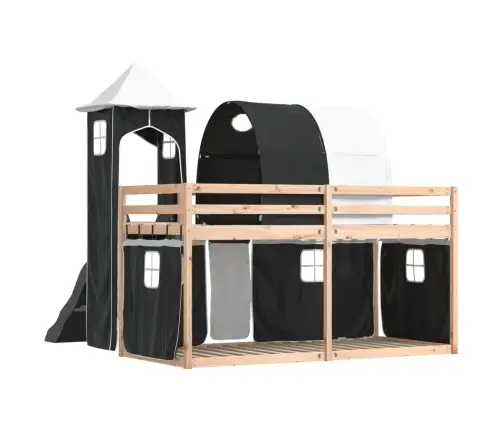 Augstā Gulta Ar Aizkariem Un Slidkalniņu, Melns&Balts, 90X190Cm Vidaxl