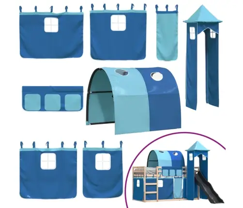 Augstā Gulta Ar Aizkariem Un Slidkalniņu, Zils, 90X190 Cm Vidaxl