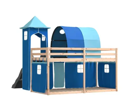 Augstā Gulta Ar Aizkariem Un Slidkalniņu, Zils, 90X190 Cm Vidaxl