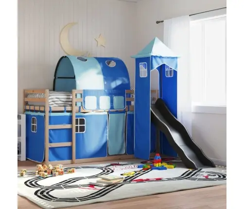 Augstā Gulta Ar Aizkariem Un Slidkalniņu, Zils, 90X190 Cm Vidaxl