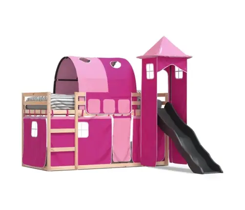 Augstā Gulta Ar Aizkariem Un Slidkalniņu, Rozā, 90X190 Cm Vidaxl