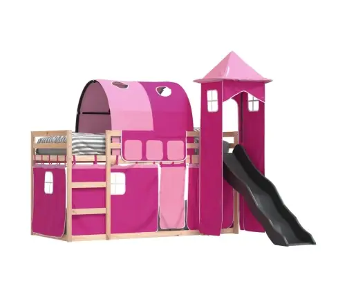 Augstā Gulta Ar Aizkariem Un Slidkalniņu, Rozā, 90X190 Cm Vidaxl