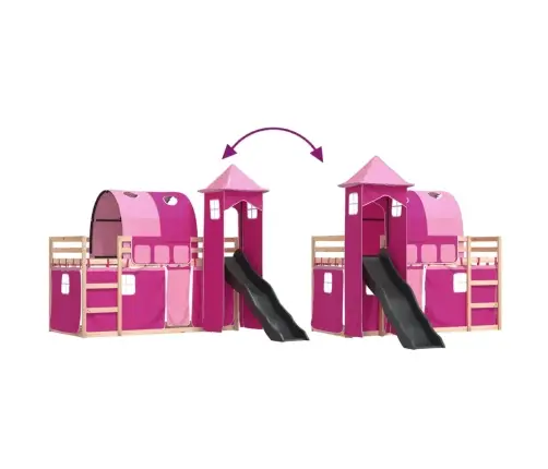 Augstā Gulta Ar Aizkariem Un Slidkalniņu, Rozā, 90X190 Cm Vidaxl