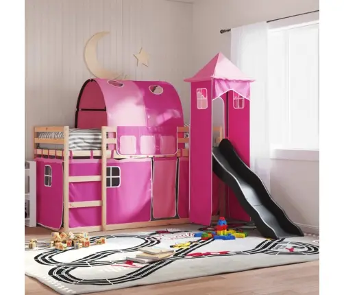 Augstā Gulta Ar Aizkariem Un Slidkalniņu, Rozā, 90X190 Cm Vidaxl