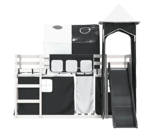 Augstā Gulta Ar Aizkariem Un Slidkalniņu, Melns&Balts, 90X190Cm Vidaxl