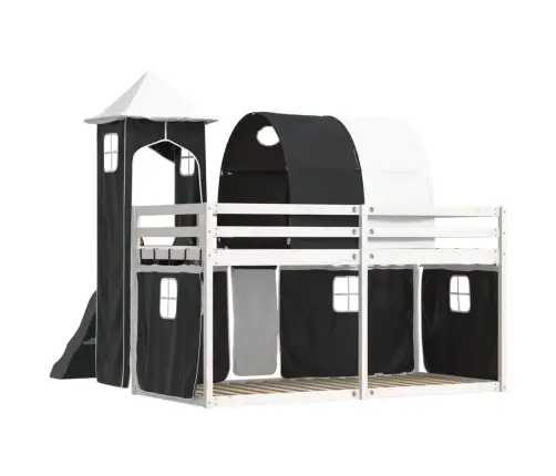 Augstā Gulta Ar Aizkariem Un Slidkalniņu, Melns&Balts, 90X190Cm Vidaxl