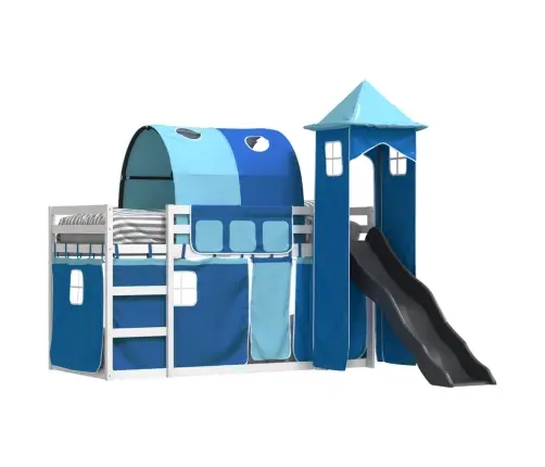 Augstā Gulta Ar Aizkariem Un Slidkalniņu, Zils, 90X190 Cm Vidaxl