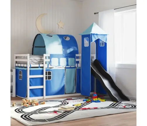 Augstā Gulta Ar Aizkariem Un Slidkalniņu, Zils, 90X190 Cm Vidaxl