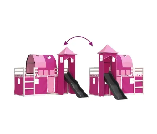 Augstā Gulta Ar Aizkariem Un Slidkalniņu, Rozā, 90X190 Cm Vidaxl