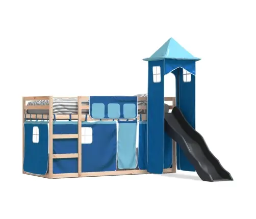 Dviaukštė Lova Su Užuolaidomis Ir Čiuožykla, Mėlyna, 90X200Cm