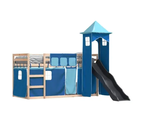 Dviaukštė Lova Su Užuolaidomis Ir Čiuožykla, Mėlyna, 90X200Cm