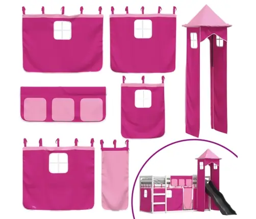 Augstā Gulta Ar Aizkariem Un Slidkalniņu, Rozā, 90X200 Cm Vidaxl