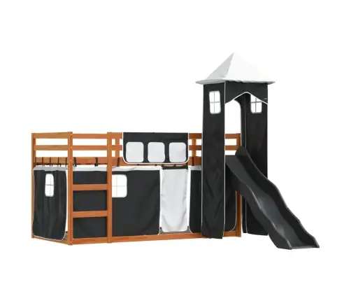 Augstā Gulta Ar Aizkariem Un Slidkalniņu, 90X200 Cm, Priede Vidaxl