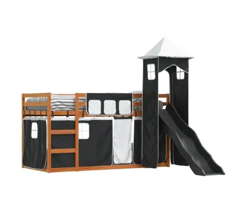 Augstā Gulta Ar Aizkariem Un Slidkalniņu, 90X200 Cm, Priede Vidaxl