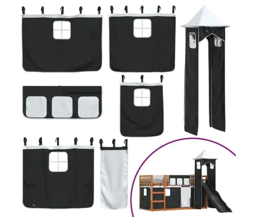 Augstā Gulta Ar Aizkariem Un Slidkalniņu, 90X200 Cm, Priede Vidaxl